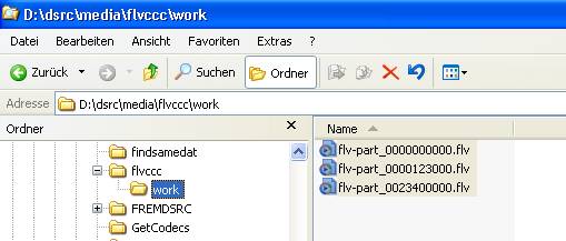 FLV-Cache-Catch-Converter - FLV-Parts mit den ermittelten Time-Code im Dateinamen